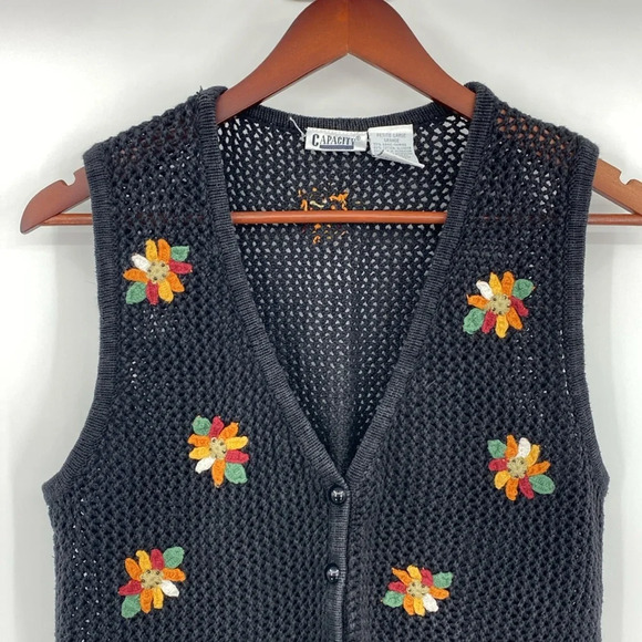 Vintage Cardigan Vest Womens LP Black Floral Grandma Ramie Cotton Knit 80s - Picture 7 of 13